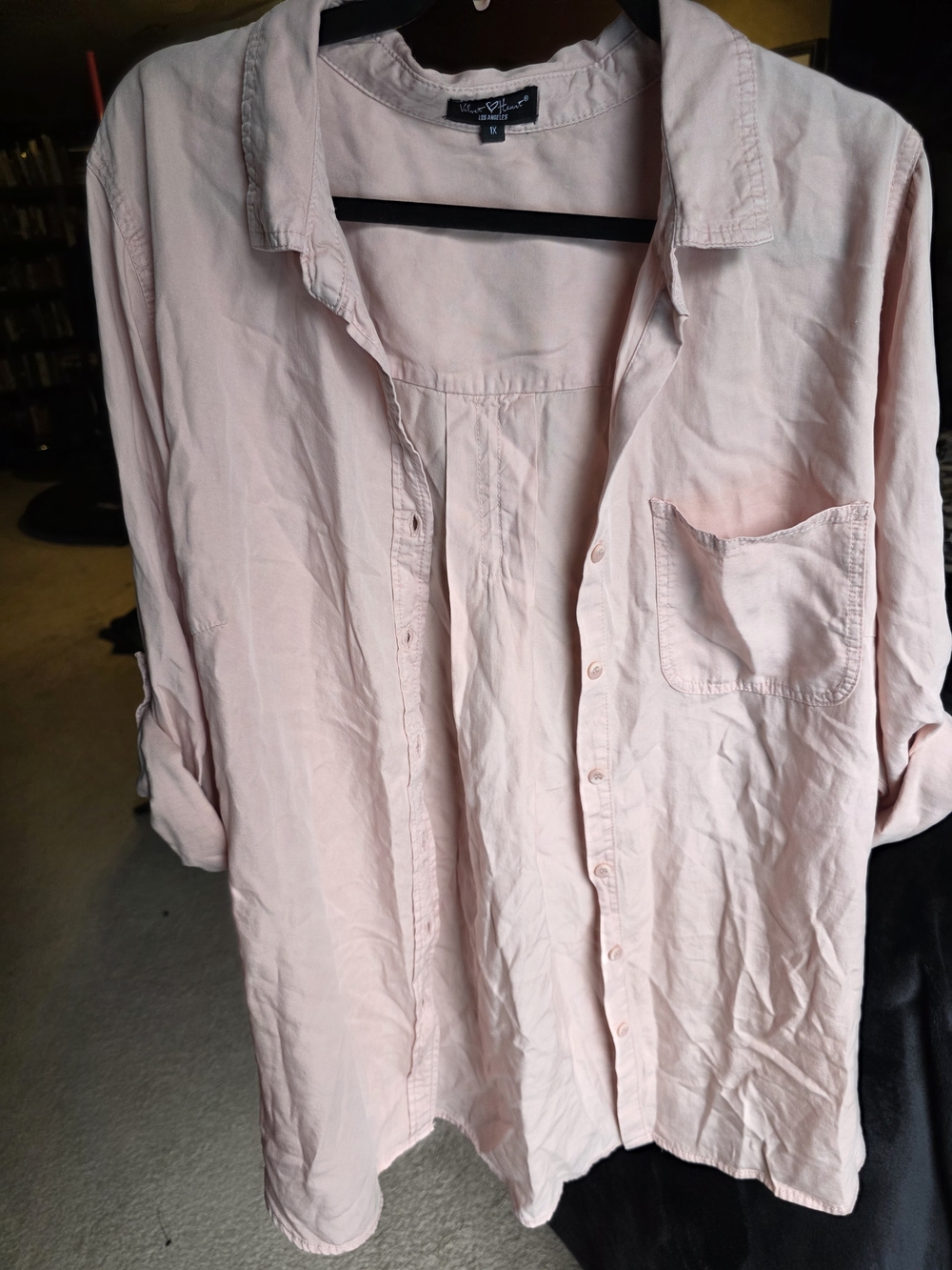 Velvet Heart Blush Pink Button-Up Shirt 1X | Roll Tab Sleeve | Lightweight